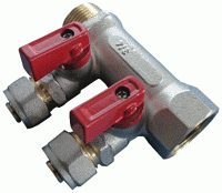 Коллектор латунь никель красный Ду 3/4хДн 16 с регулировочными клапанами на 2 выхода для мп Faro STC 6490 - 4606034154694